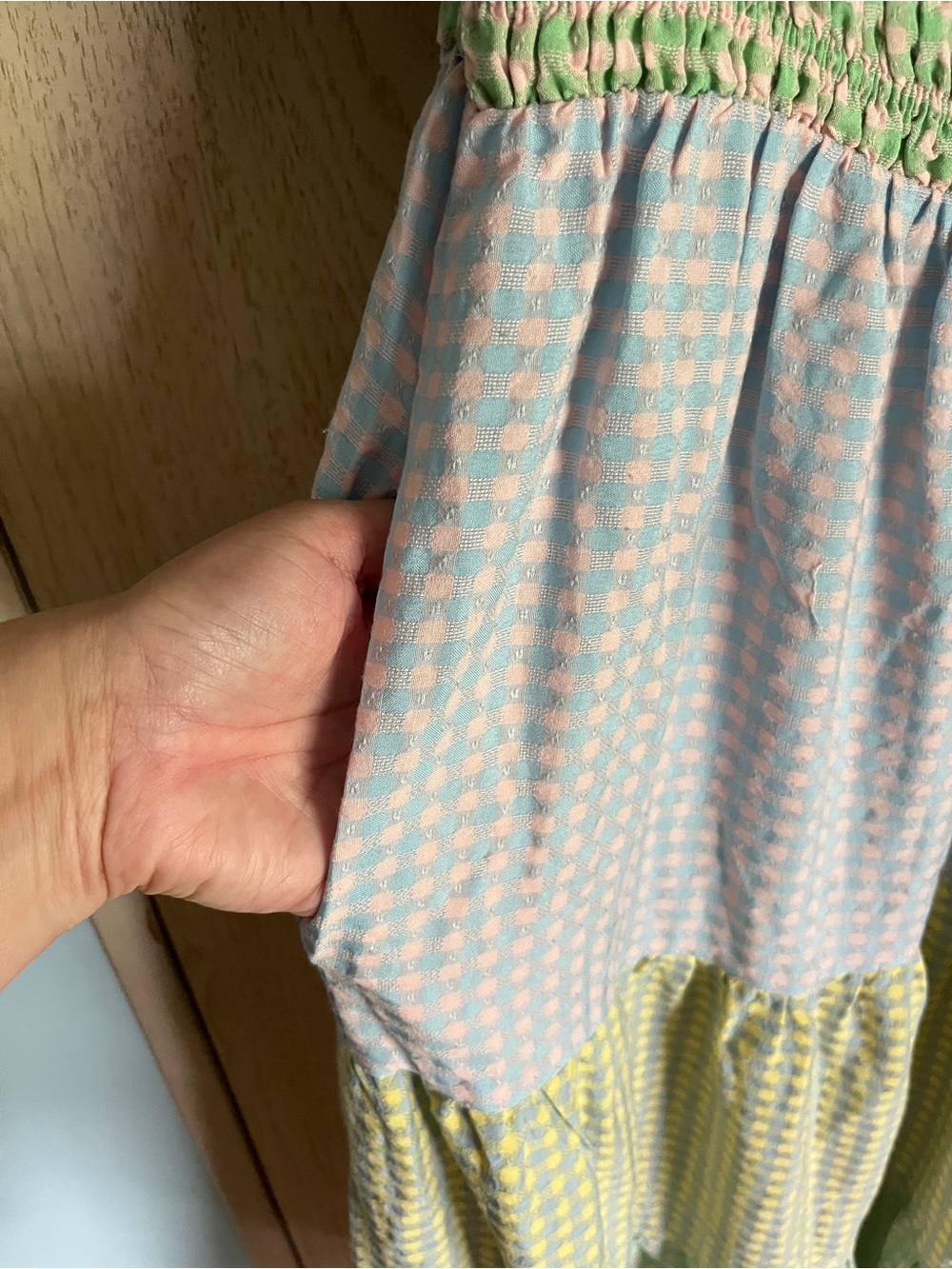 Greylin Nola Smocked Gingham Plaid Colorblock Tiered Midi Dress Sz M Pastel View 6